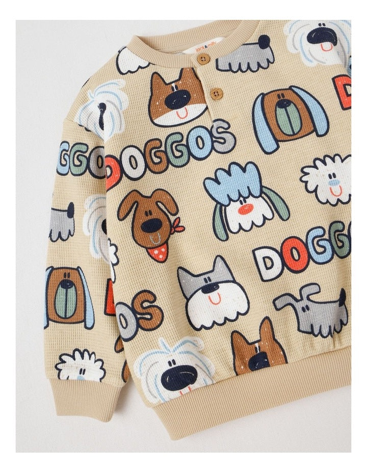 Kit Waffle Henley Tee with Lots Of Doggos Print in Light Brown