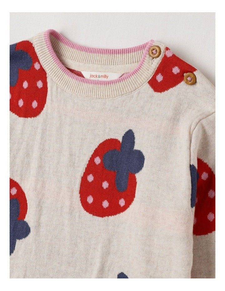 Lexi Strawberry Jacquard Jumper in Oat Marle