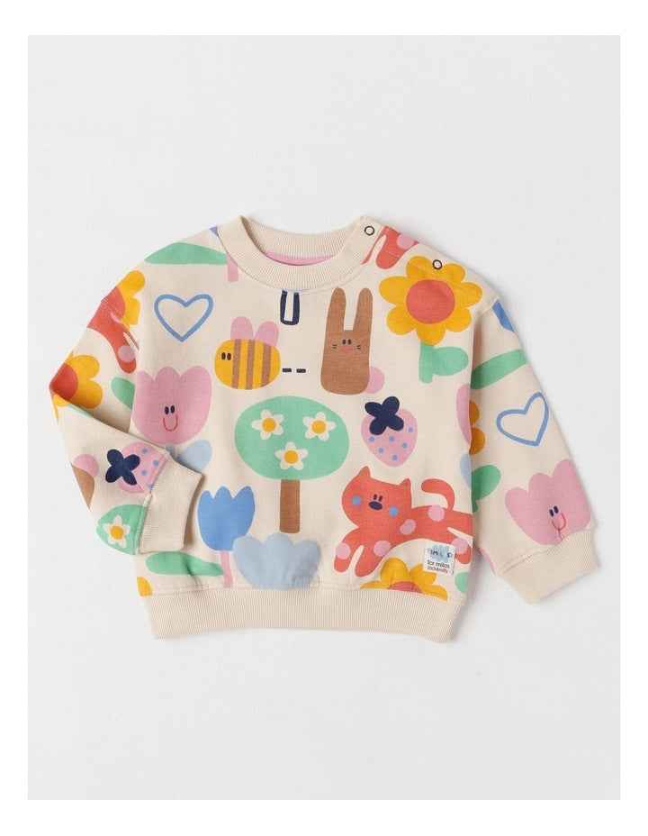 Essentials River Sweat Top with Happy Days Print in Oat Marle