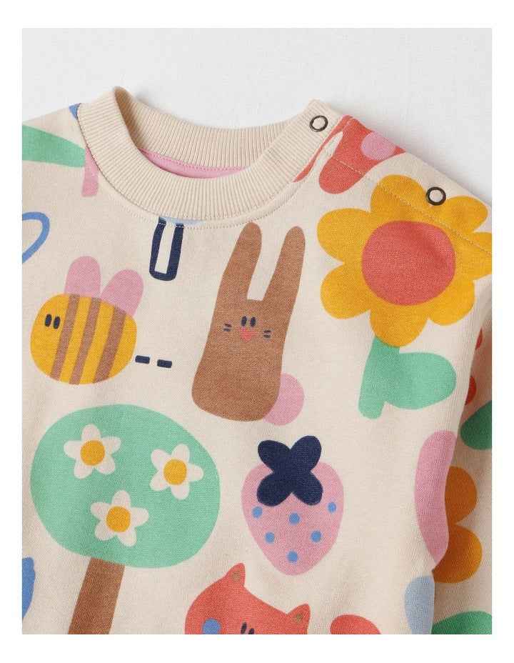 Essentials River Sweat Top with Happy Days Print in Oat Marle