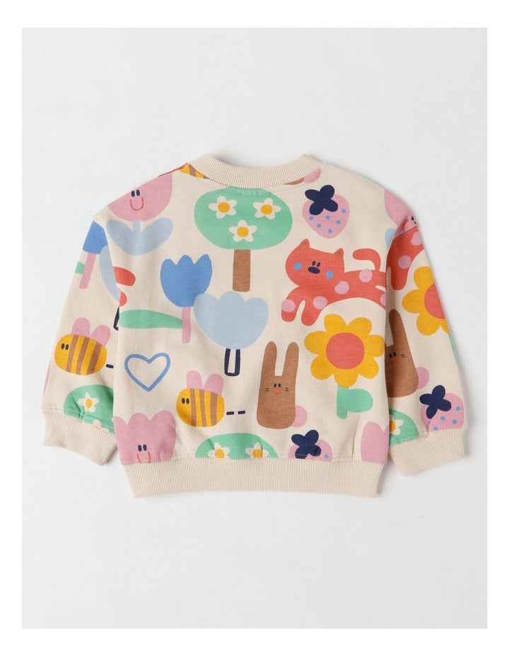 Essentials River Sweat Top with Happy Days Print in Oat Marle