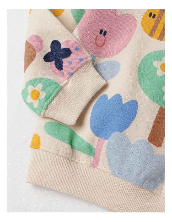 Essentials River Sweat Top with Happy Days Print in Oat Marle