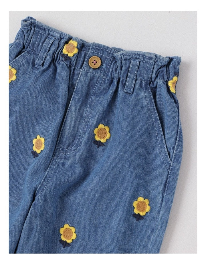 Queenie Denim Paperbag Waist Jean with Embroidered Sunflowers