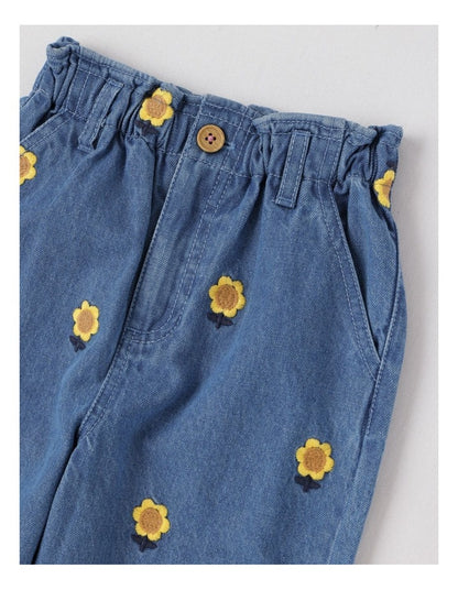 Queenie Denim Paperbag Waist Jean with Embroidered Sunflowers