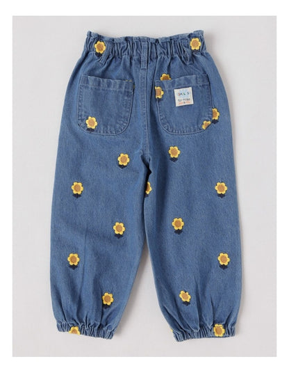 Queenie Denim Paperbag Waist Jean with Embroidered Sunflowers