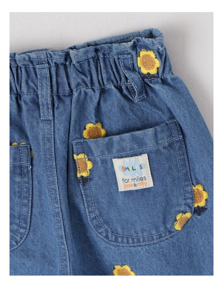 Queenie Denim Paperbag Waist Jean with Embroidered Sunflowers