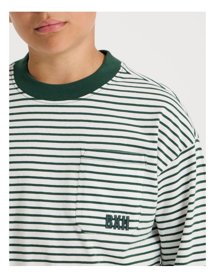 Long Sleeve Stripe Pocket Tee in Green