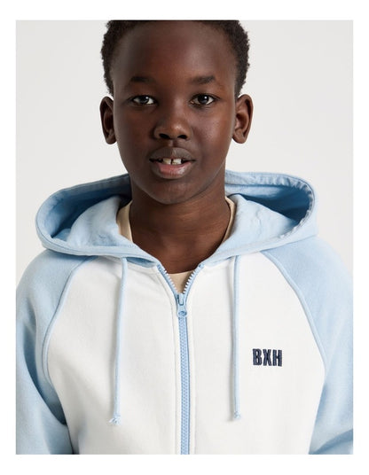 Splice Zip Thru Hooded Sweat Top in Light Blue