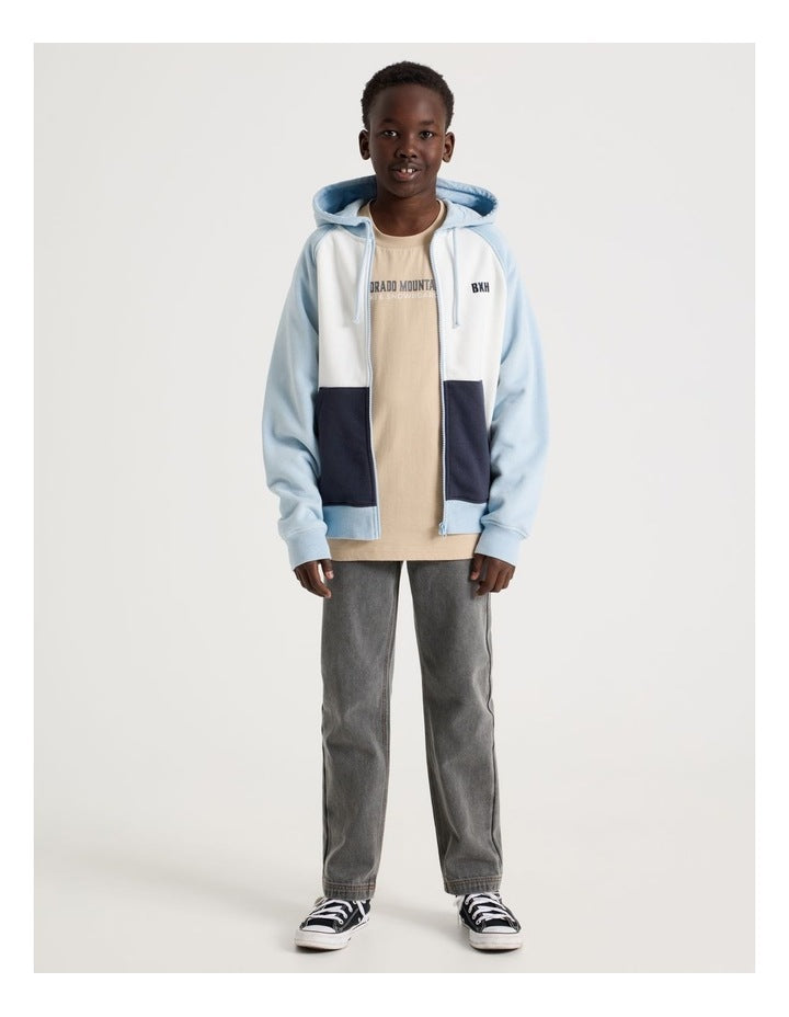 Splice Zip Thru Hooded Sweat Top in Light Blue