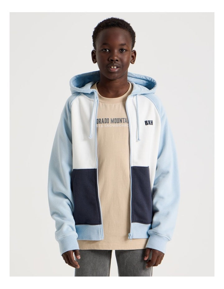 Splice Zip Thru Hooded Sweat Top in Light Blue