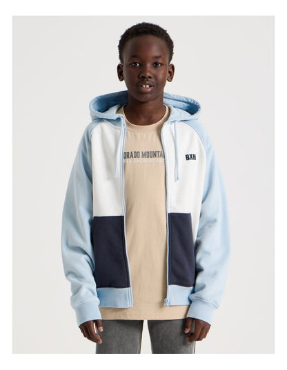 Splice Zip Thru Hooded Sweat Top in Light Blue