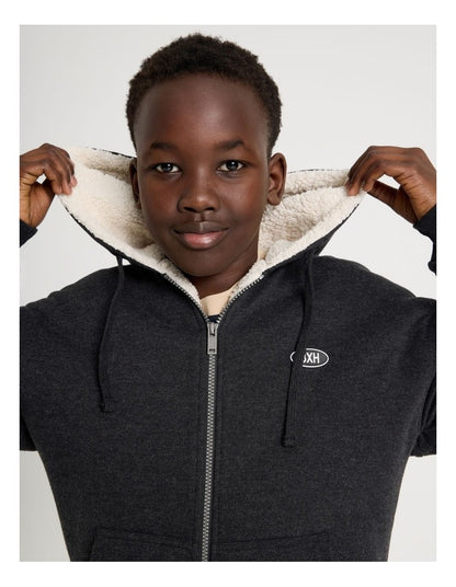 Sherpa Lined Hooded Zip Thru Sweat Top in Black