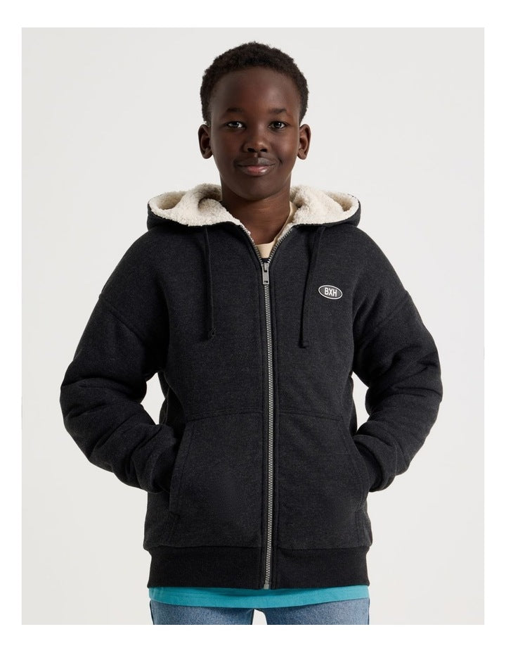 Sherpa Lined Hooded Zip Thru Sweat Top in Black