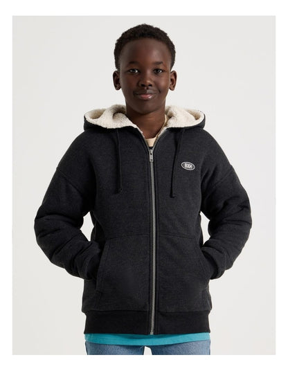 Sherpa Lined Hooded Zip Thru Sweat Top in Black