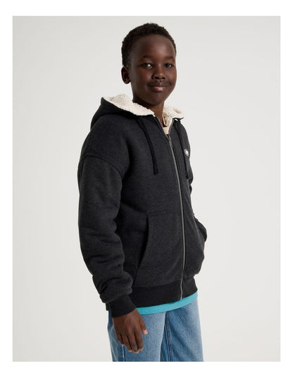 Sherpa Lined Hooded Zip Thru Sweat Top in Black