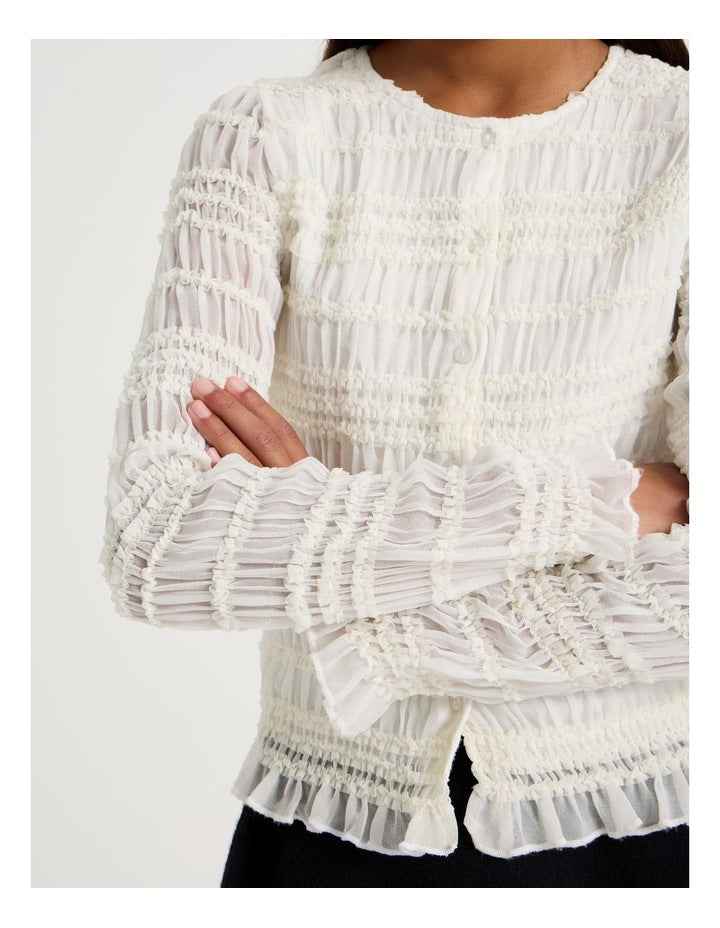 Shirred Button Down Top in White