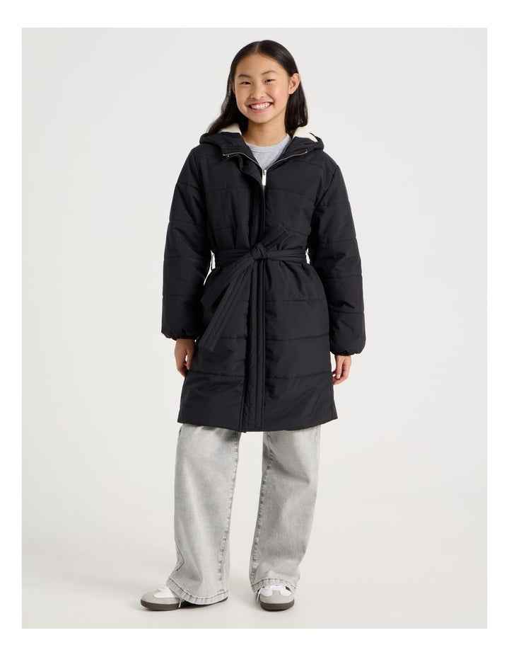 Longline Puffer Jacket with Tie Waist in Black