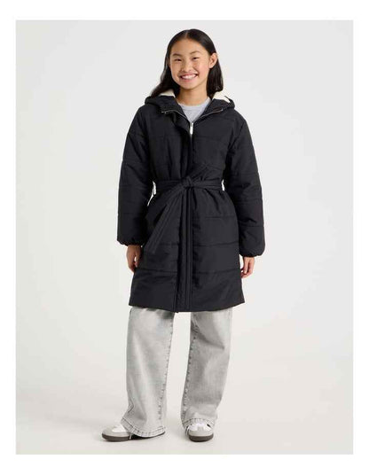 Longline Puffer Jacket with Tie Waist in Black