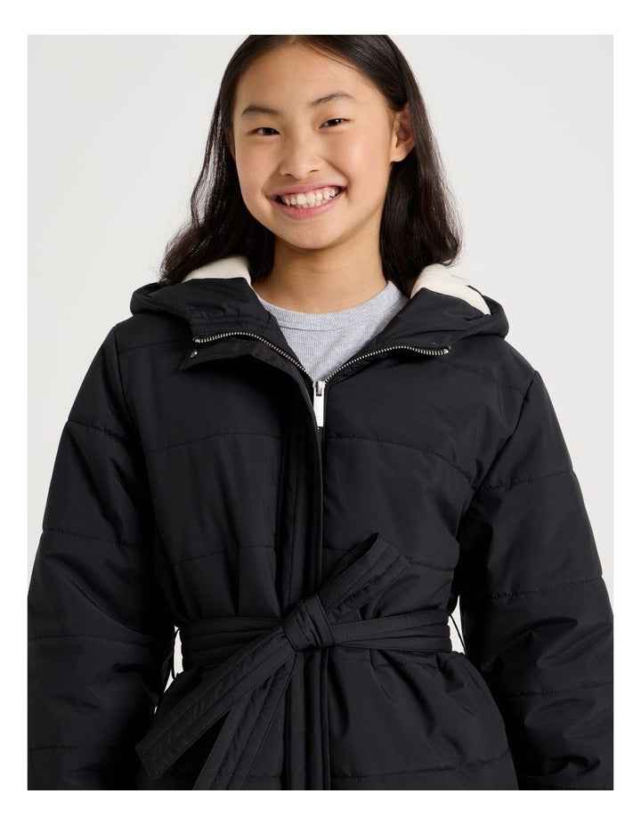 Longline Puffer Jacket with Tie Waist in Black