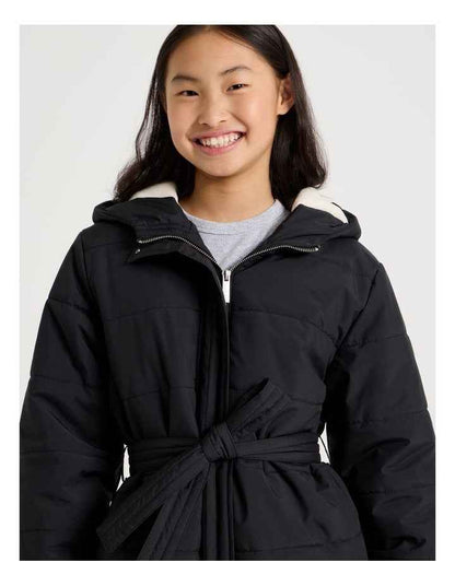 Longline Puffer Jacket with Tie Waist in Black
