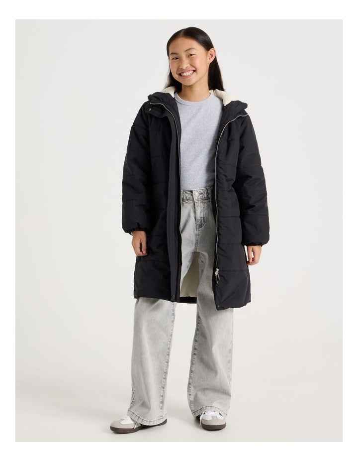 Longline Puffer Jacket with Tie Waist in Black