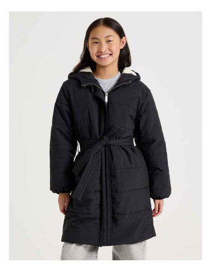 Longline Puffer Jacket with Tie Waist in Black
