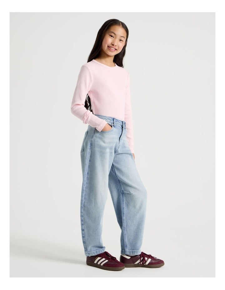 Mid Rise Barrel Jean in Mid Denim