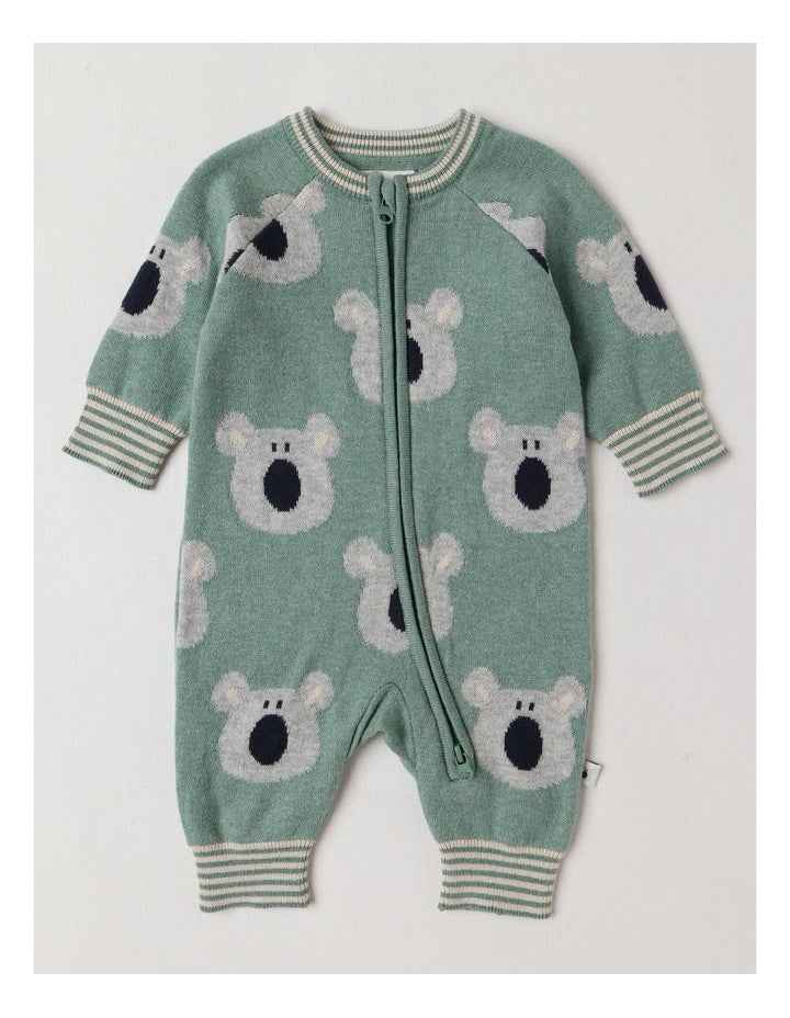 Naturals Newborn Billie Double Knit Koala Jacquard Coverall in Green