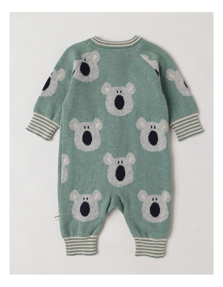 Naturals Newborn Billie Double Knit Koala Jacquard Coverall in Green