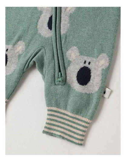 Naturals Newborn Billie Double Knit Koala Jacquard Coverall in Green