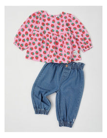Scout Strawberry Print Top and Denim Pant Set in Pink