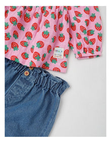 Scout Strawberry Print Top and Denim Pant Set in Pink