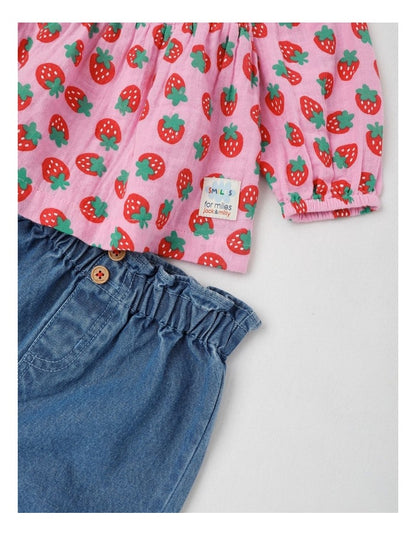 Scout Strawberry Print Top and Denim Pant Set in Pink