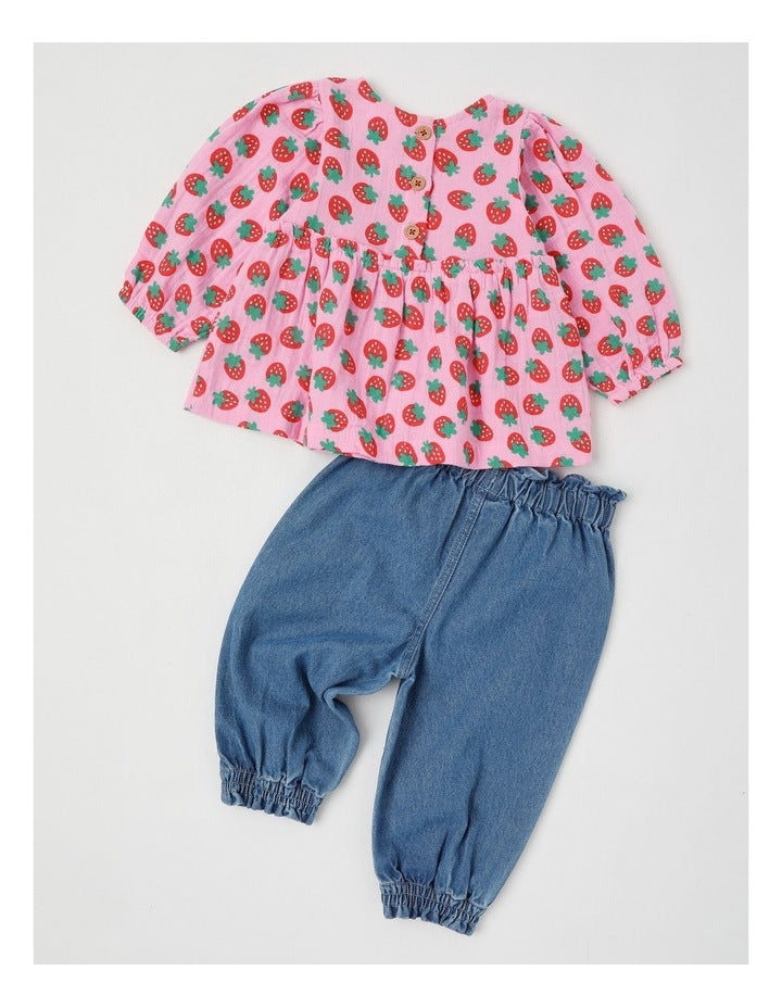 Scout Strawberry Print Top and Denim Pant Set in Pink
