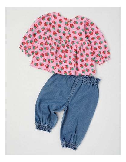 Scout Strawberry Print Top and Denim Pant Set in Pink