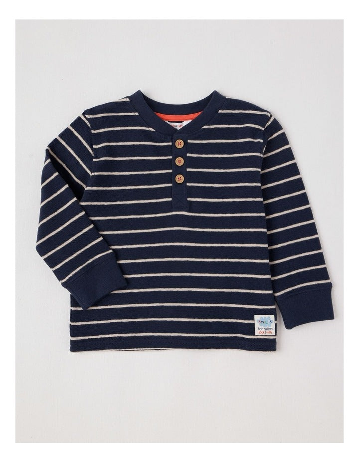 Percy Striped Textured Cotton Henley Tee in Navy