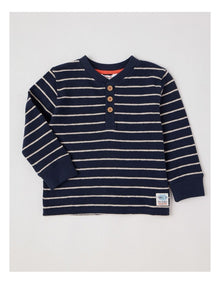Percy Striped Textured Cotton Henley Tee in Navy