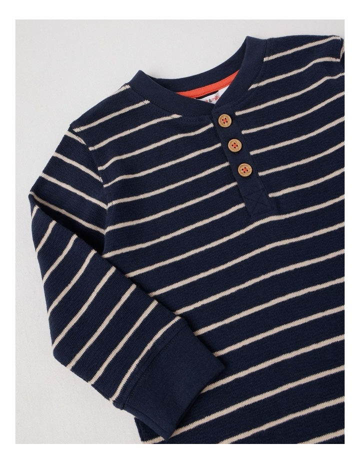 Percy Striped Textured Cotton Henley Tee in Navy