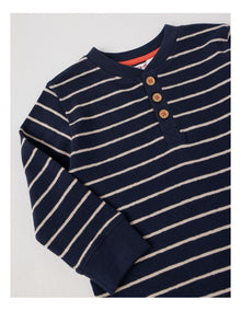 Percy Striped Textured Cotton Henley Tee in Navy