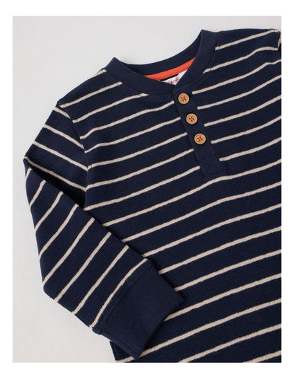 Percy Striped Textured Cotton Henley Tee in Navy