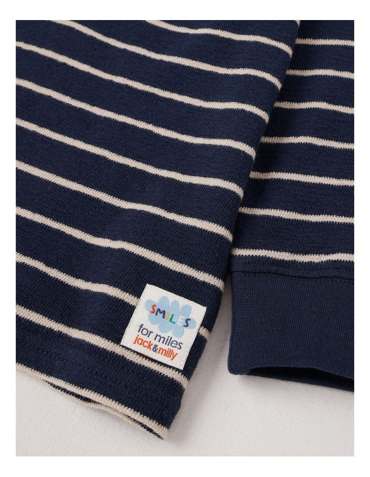 Percy Striped Textured Cotton Henley Tee in Navy