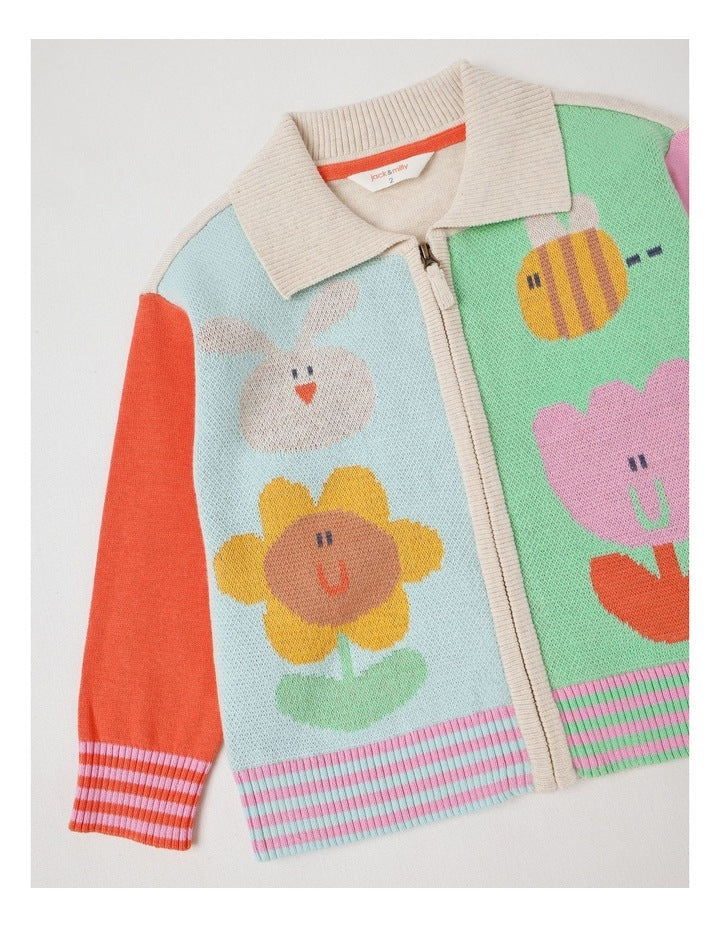 Jesse Knit Zip Through Cardigan with Character Motifs in Assorted