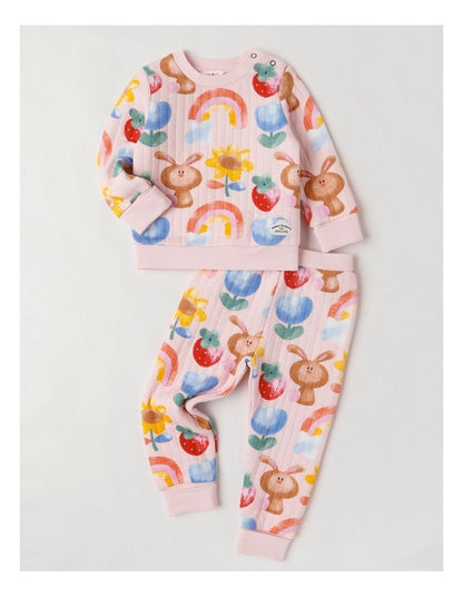Ellis Quilted Pyjama Set with Watercolour Bunny Print in Pink