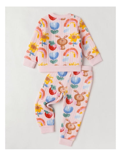 Ellis Quilted Pyjama Set with Watercolour Bunny Print in Pink