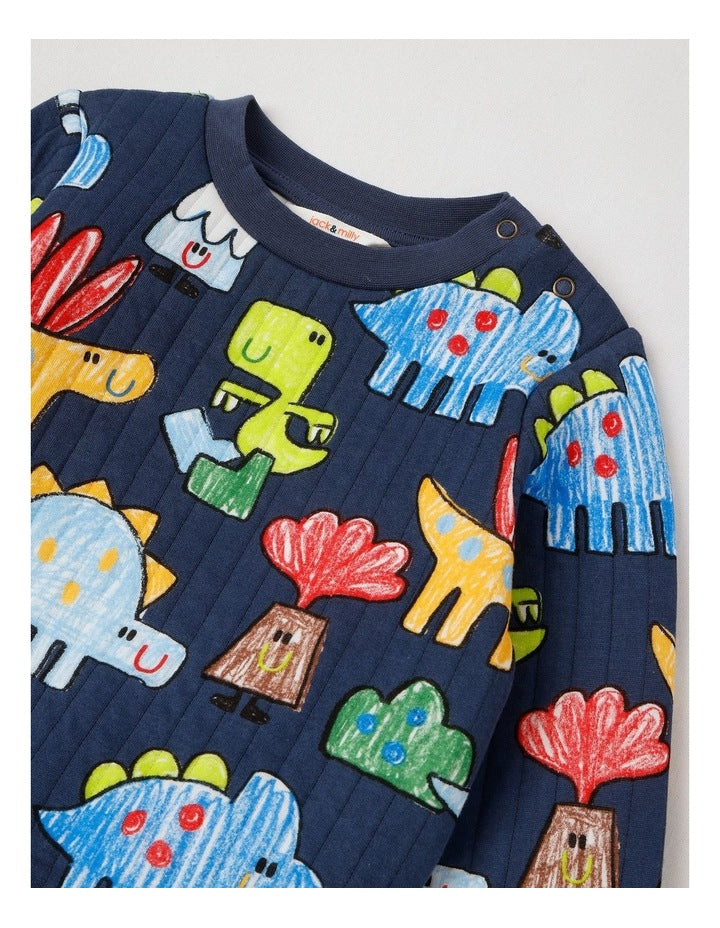 Ellis Quilted Pyjama Set with Crayon Dino Print in Navy