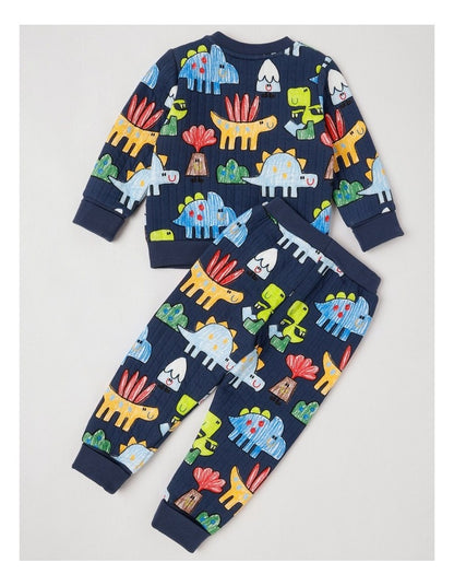 Ellis Quilted Pyjama Set with Crayon Dino Print in Navy