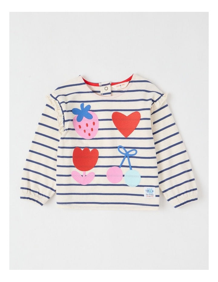 May Stripe Top with Embroidery in Oat Marle