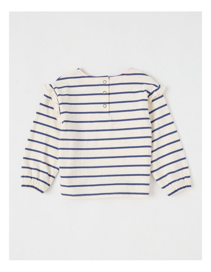 May Stripe Top with Embroidery in Oat Marle