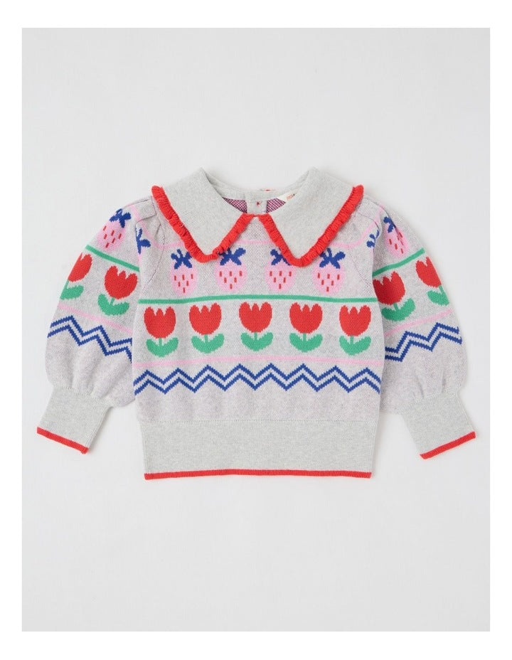 Maeve Strawberry Jumper with Ruffle Collar in Grey Marle