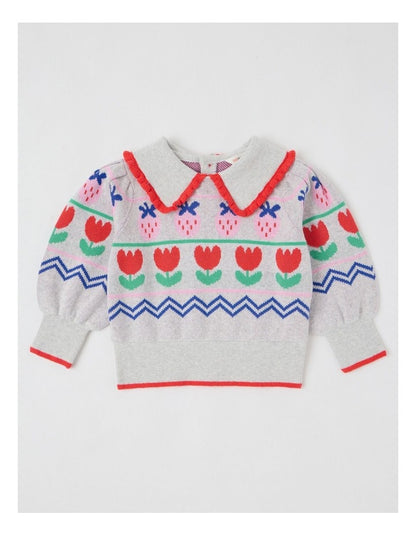Maeve Strawberry Jumper with Ruffle Collar in Grey Marle
